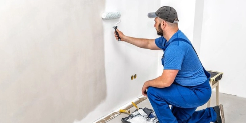 A painter in blue overalls using a roller for wall painting Dubai.