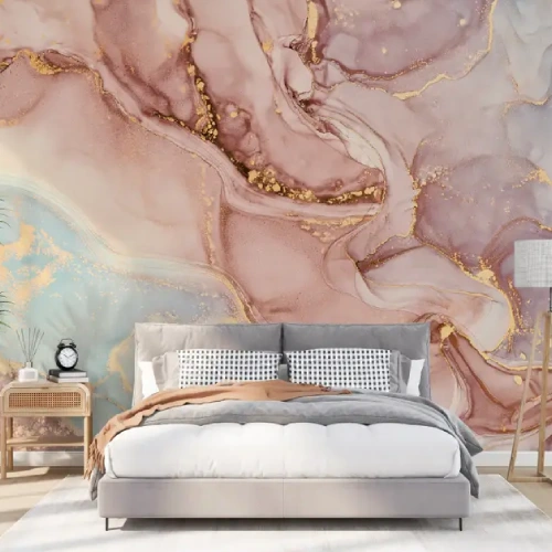 Abstract Marble Wallpaper in soft pastel tones with gold accents.