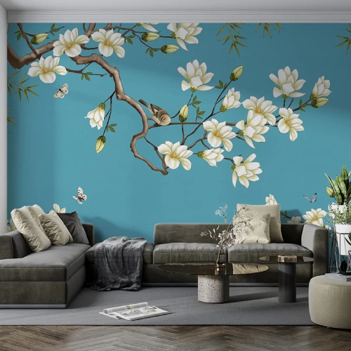 Beautiful 3D floral wallpaper featuring magnolia buds and birds.