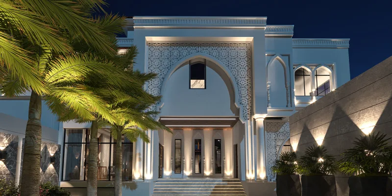 Elegant white villa with architectural details, inspiring Best paint shades for modern Dubai villas.